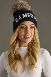 navy and white game day pom hat, game day hat, dark navy pom hat, winter hat, women's pom hat