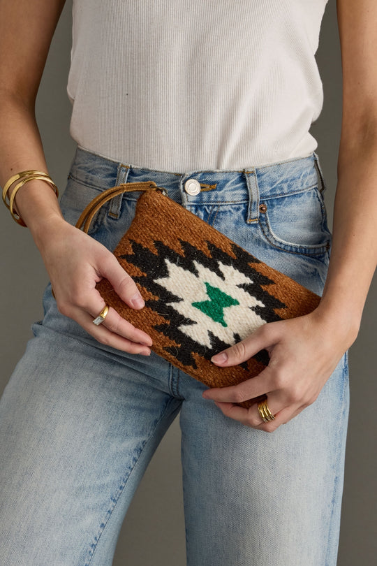 brown, black, green and white Western-inspired wristlet, western clutch, aztec-inspired wristlet, women's wristlet