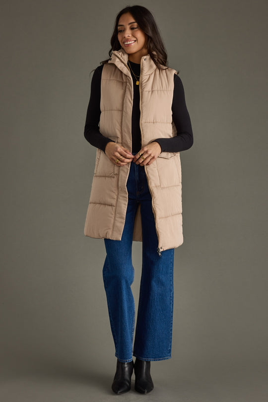 tan long puffer vest, tan vest, long vest, women's vest, fall vest, neutral vest, layering piece