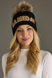 black and tan game day pom hat, black pom hat, game day hat, winter hat, women's pom hat