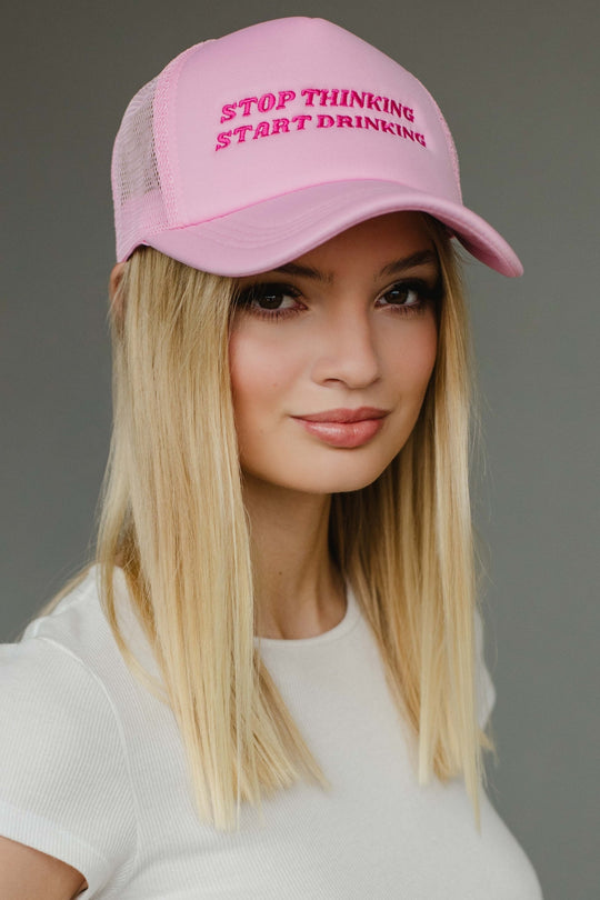 stop thinking start drinking trucker hat, light pink trucker hat, funny trucker hat, colorful trucker hat, women's trucker hat