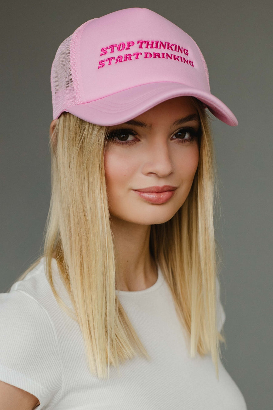 stop thinking start drinking trucker hat, light pink trucker hat, funny trucker hat, colorful trucker hat, women's trucker hat