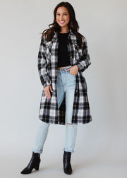 black, white, olive and tan plaid long flannel