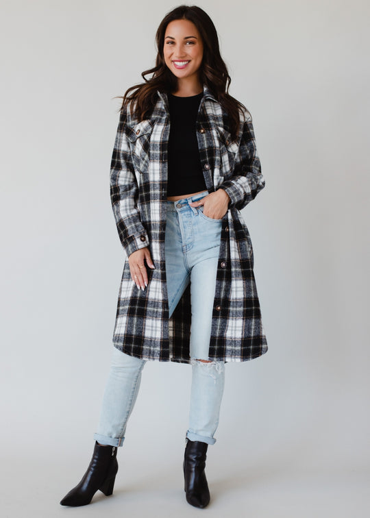 black, white, olive and tan plaid long flannel