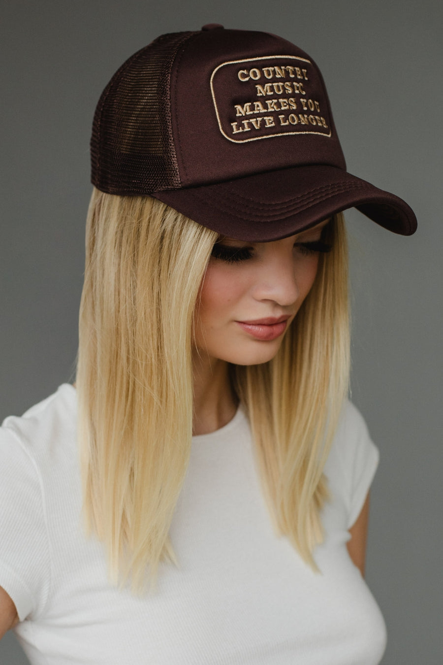 brown and tank country music trucker hat, country music makes you live longer, brown trucker hat, neutral trucker hat, women's trucker hat