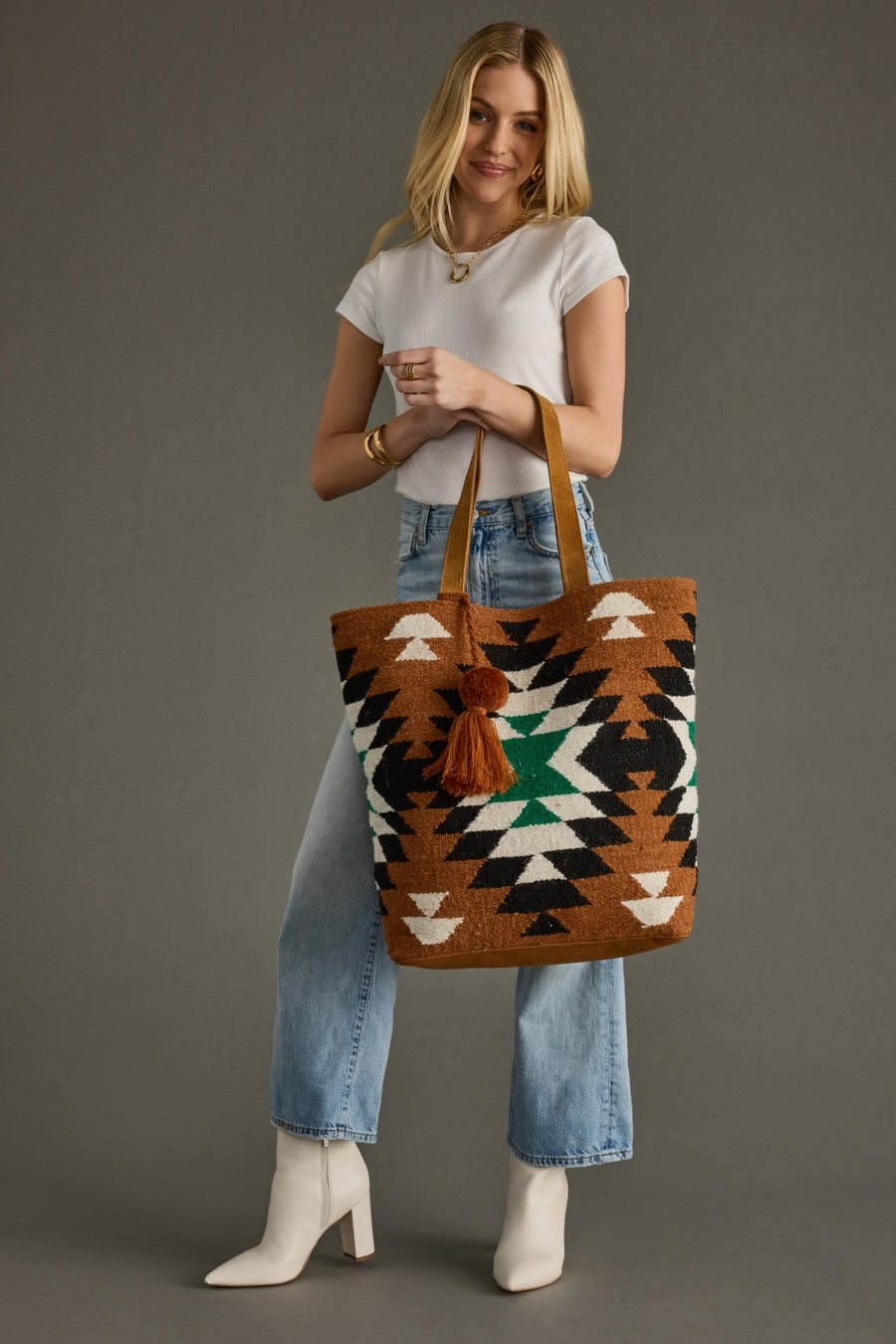 brown, black, green and white western-inspired tote, western tote, travel tote, women's tote bag