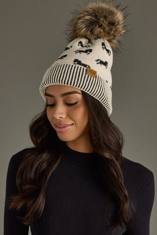 ivory and black horse pattern pom hat, neutral pom hat, horse pattern, women's pom hat, winter hat