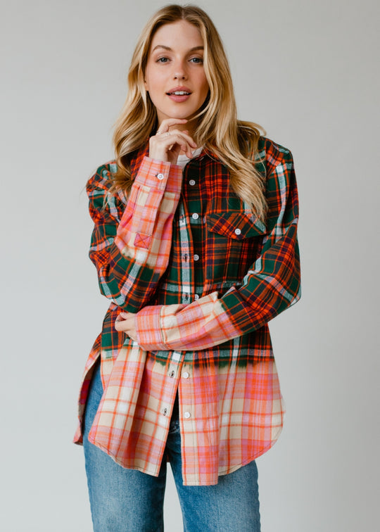 green, navy, orange and white plaid flannel