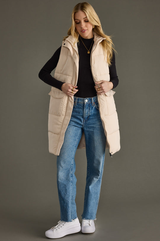 cream long puffer vest, long vest, fall vest, winter vest, neutral vest