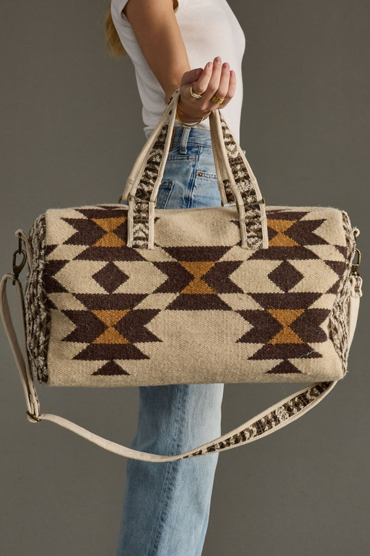 cream, brown and tan western duffel, western-inspired duffel, aztec-inspired duffel, weekender bag, travel bag, women's duffel bag