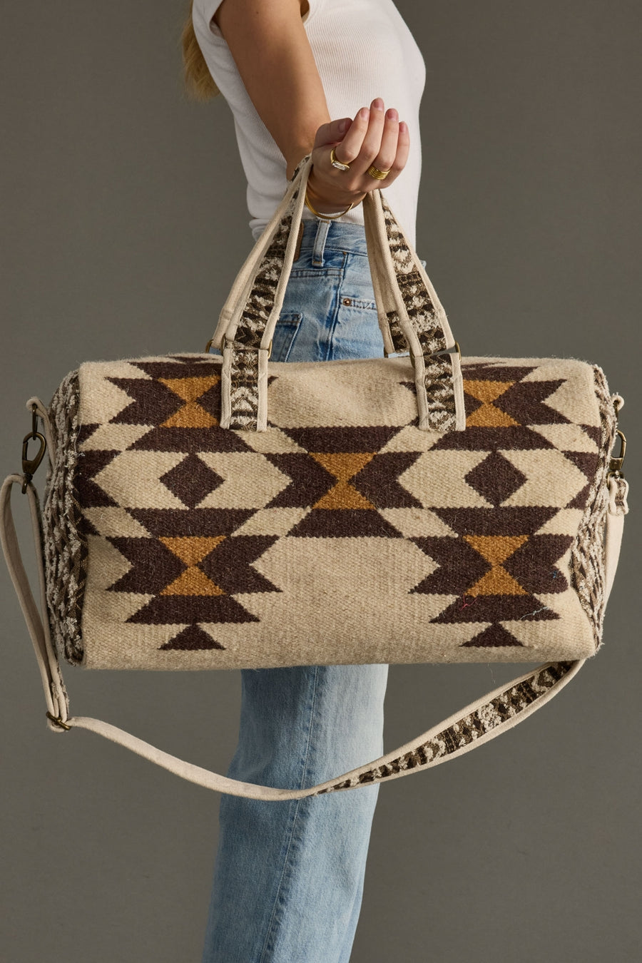 cream, brown and tan western duffel, western-inspired duffel, aztec-inspired duffel, weekender bag, travel bag, women's duffel bag