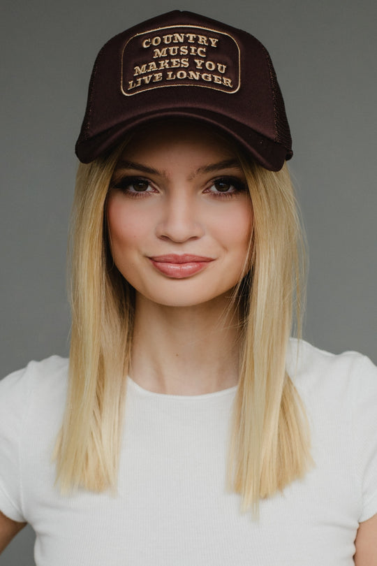 brown and tank country music trucker hat, country music makes you live longer, brown trucker hat, neutral trucker hat, women's trucker hat