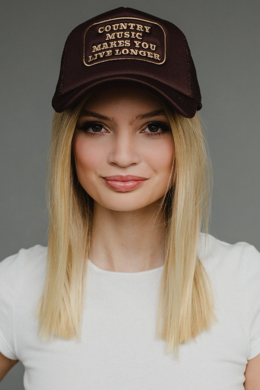 brown and tank country music trucker hat, country music makes you live longer, brown trucker hat, neutral trucker hat, women's trucker hat
