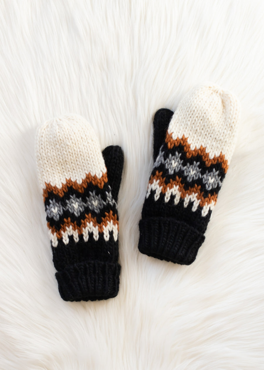 Pair of knit mittens with a pattern on a white surface