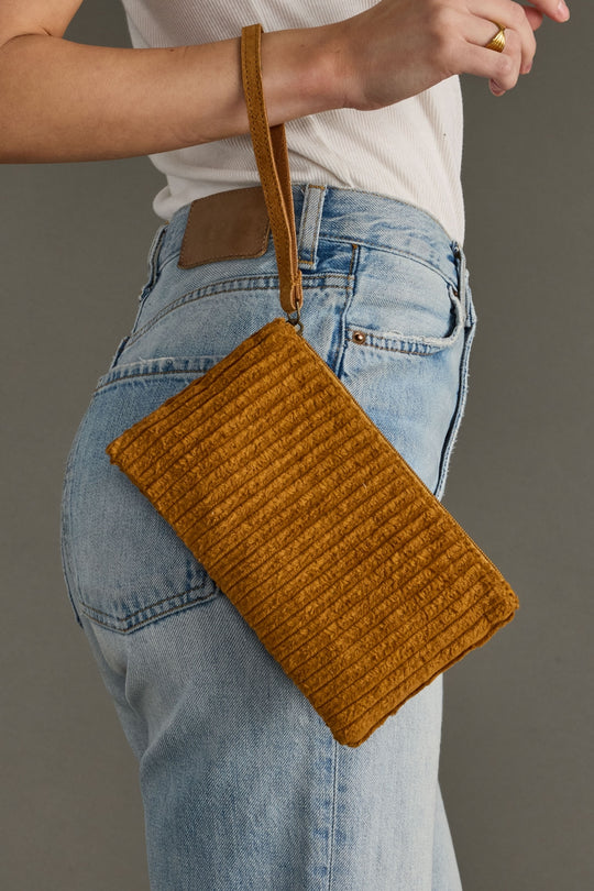 mustard corduroy wristlet