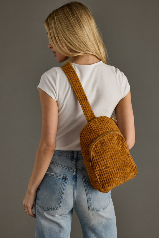 mustard corduroy sling bag