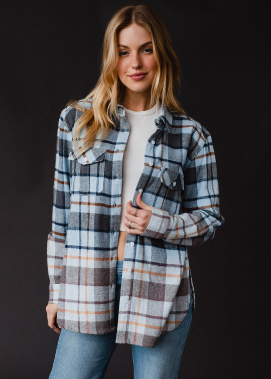 blue, navy, gray and brown plaid flannel
