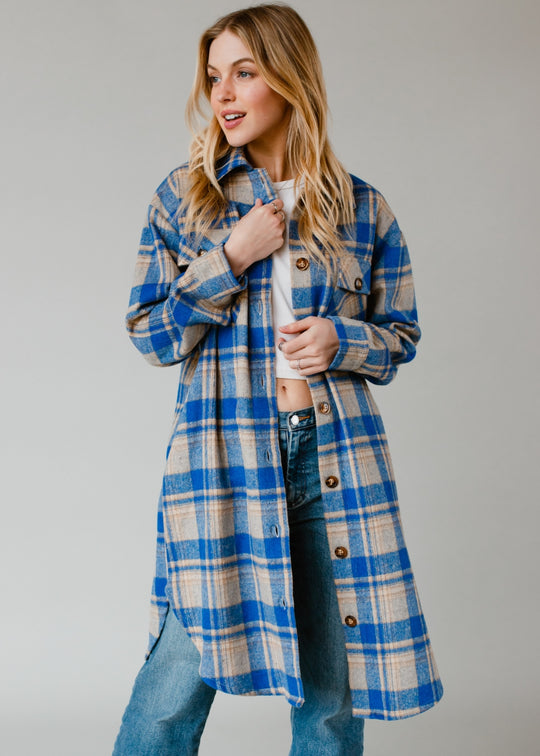 royal blue and tan plaid long flannel