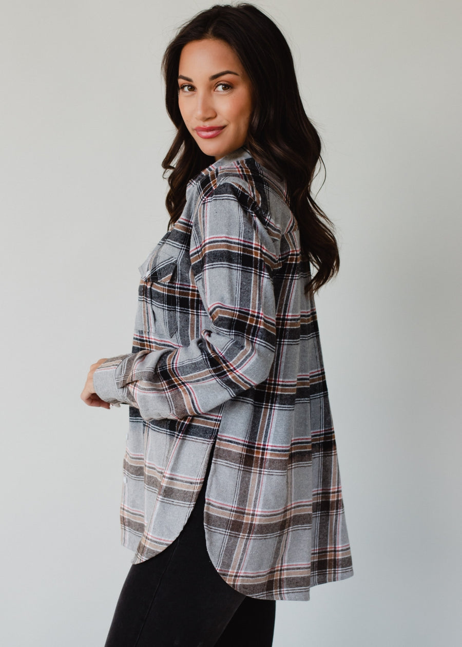 gray, red, camel and black plaid flannel