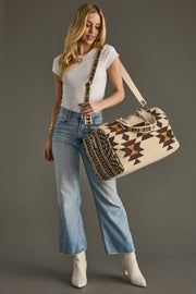 cream, brown and tan western duffel, western-inspired duffel, aztec-inspired duffel, weekender bag, travel bag, women's duffel bag