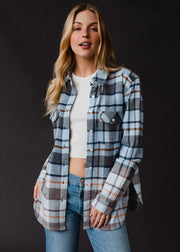 blue, navy, gray and brown plaid flannel