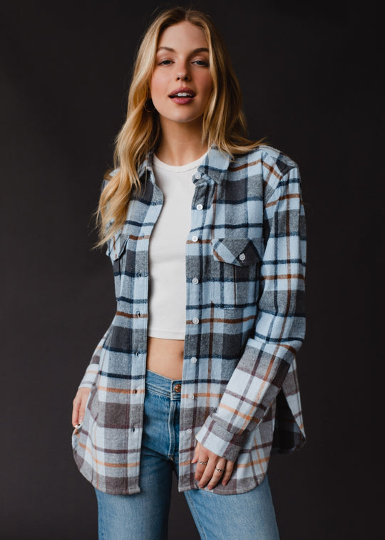 blue, navy, gray and brown plaid flannel