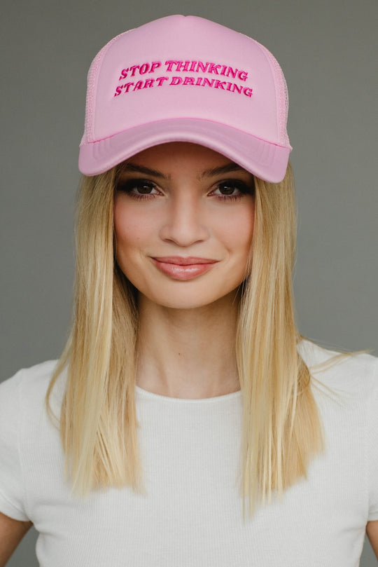 stop thinking start drinking trucker hat, light pink trucker hat, funny trucker hat, colorful trucker hat, women's trucker hat