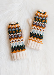 Pair of knitted mittens with a colorful pattern on a white background