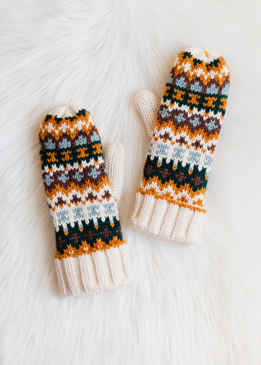 Pair of knitted mittens with a colorful pattern on a white background
