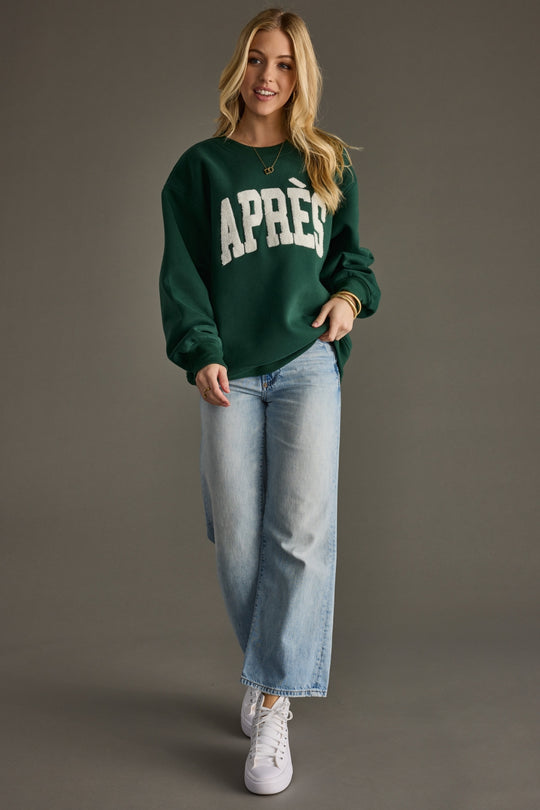 green apres sweatshirt, après sweatshirt, green sweatshirt, oversized sweatshirt, women's sweatshirt, ski trip