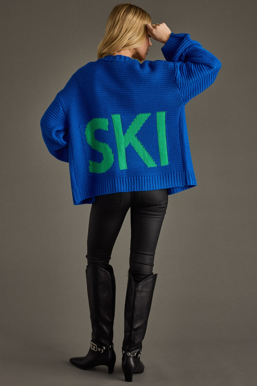 blue knit ski cardigan, royal blue cardigan, ski cardigan, winter cardigan, colorful cardigan, women's cardigan, ski trip, ski vacation